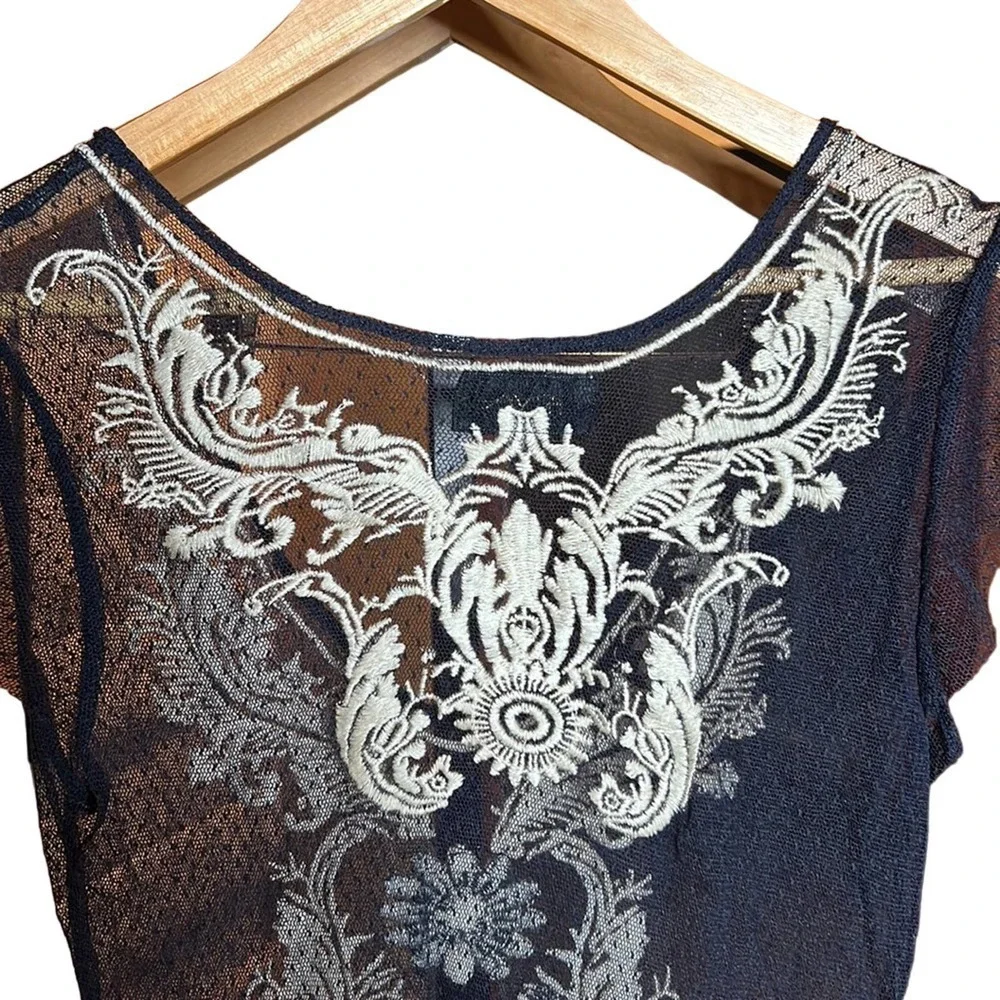 Johnny Was Biya Navy Blue Mesh Embroidered Sheer Dress Size Small